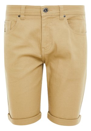 Pantalones cortos de mezclilla khaki con dobladillos enrollados, que cuentan con un cierre frontal de botón, trabillas y cinco bolsillos. Textura suave y ajuste recto.