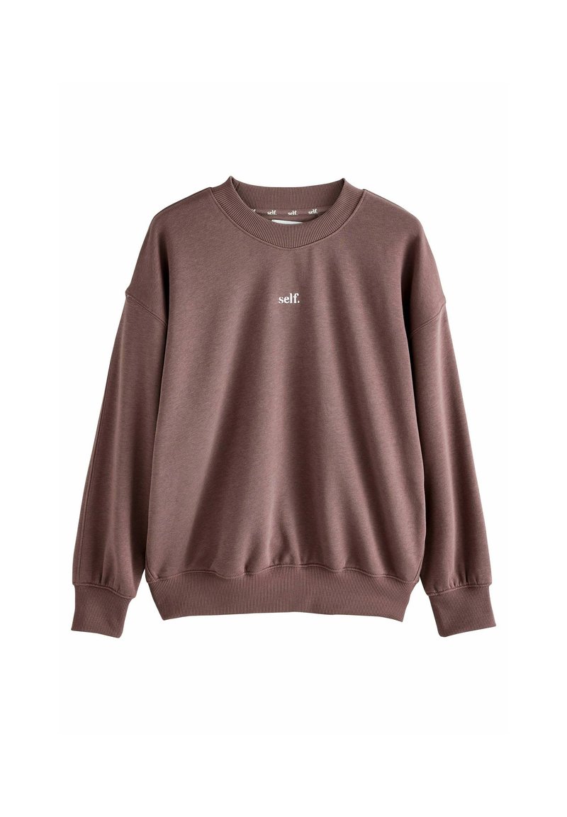 Bruine sweatshirt met een ronde halslijn, ribgebreide manchetten en onderrand. Bevat een klein wit "self." logo op de borst. Zacht, gestructureerd materiaal.