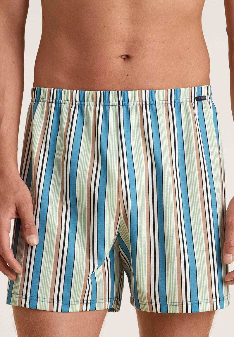 Pantaloni da bagno a strisce con strisce verticali blu, verde, crema e marrone. Vita elastica e tessuto morbido e leggero.