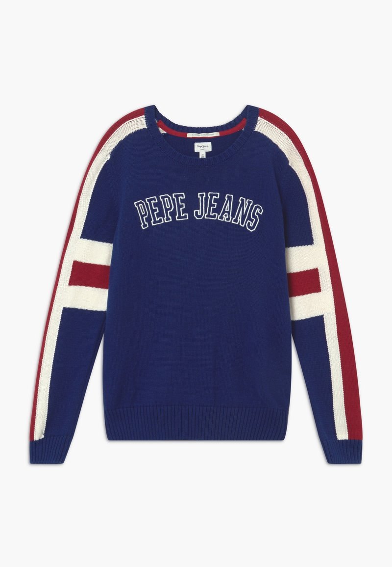 Pull bleu marine avec des rayures rouges et blanches sur les manches, des poignets et un ourlet côtelés, et le texte "PEPE JEANS" sur la poitrine.