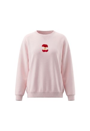 Lyserød sweatshirt med et lille broderet design af et rødt og gult æblekernehus centreret på brystet, lange ærmer og ribbet manchetter og kant.