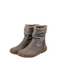 Botas de tobillo grises con un suave cuello forrado de felpa, suela de goma texturizada y parte superior de sintético suave. Con cremallera lateral para poner y quitar fácilmente.