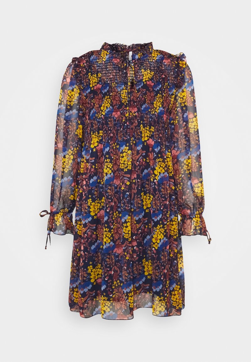 Vestido de estampado floral en tejido transparente, con mangas largas abullonadas, escote con volantes y cuerpo fruncido, en colores azul, amarillo y marrón.