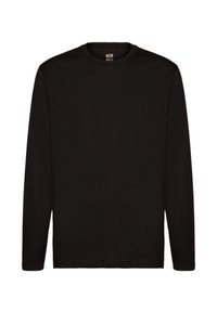 Must mustemärgiga ja pikkade varrukatega T-särk, mis on valmistatud puuvillast, omades ümarat kaelust ja lihtsat, ilma kaunistusteta disaini. Sile tekstuur ja sirge äär.