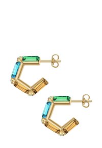 Zlatonožne geometrijske uhane v obliki obroča, ki vključujejo pravokotne in angularne večbarvne kristale v zeleni, modri in jantarni barvi.