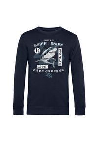 Dunkelblaues Langarm-Sweatshirt aus Baumwolle mit einem Grafikumdruck eines Haies und weißem sowie hellblauem Text, versehen mit verschiedenen Designelementen.