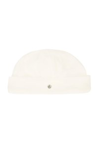 Cappello beanie lavorato a maglia bianco con una texture morbida, caratterizzato da un risvolto e un piccolo dettaglio del logo grigio sul davanti.