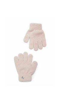 Light pink knitted gloves with ribbed cuffs, featuring five finger design. Includes a small silver logo accent on one cuff.