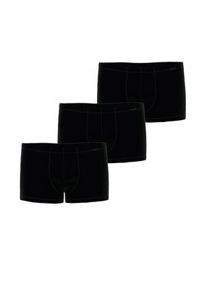 Schwarze Boxer-Shorts im Dreierpack, mit glatter Textur, elastischem Bund und kontrastierenden Nähten. Standard-Schnitt mit einer engen Passform.