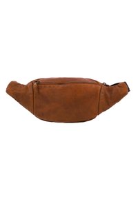 Marsupio in pelle marrone con forma curvata, dotato di chiusura con zip sulla parte superiore, cuciture visibili e una finitura morbida e texturizzata.