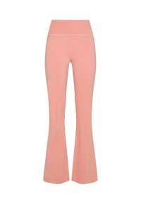 Roze flare yoga broeken met een brede elastische tailleband. Gemaakt van zacht materiaal met een gladde textuur en subtiele stikseldetails.