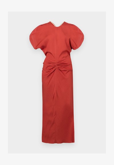 Vestido vermelho com uma forma estruturada, mangas curtas largas e detalhe franzido nas costas. Feito de tecido texturizado, com um design até ao chão.