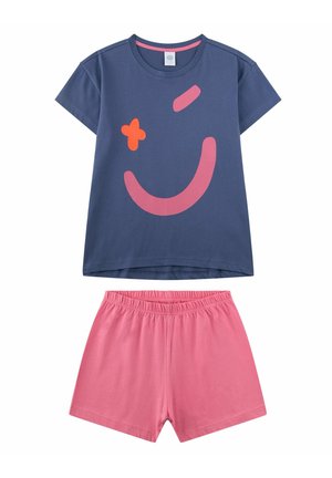 Navy blue short-sleeve shirt with a pink and orange winking smiley face paired with pink elastic waist shorts.