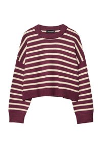 Pull en maille rayé horizontal bordeaux et crème avec manches longues, col rond et poignets et ourlet côtelés.