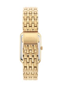 Montre-bracelet en métal doré avec un cadran rectangulaire, un bracelet à maillons, un design minimaliste et un logo de la marque gravé au dos.