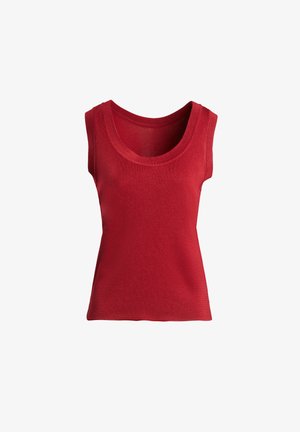 Camiseta sin mangas roja hecha de tela suave, con un escote redondo, forma ajustada y textura lisa sin patrones ni acentos.