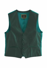 Green vest with a textured surface, satin trim, five buttons, and two front pockets. Lined interior with label at the neckline.