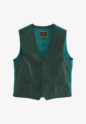 Gilet vert avec une surface texturée, finitions en satin, cinq boutons et deux poches avant. Intérieur doublé avec une étiquette dans le col.