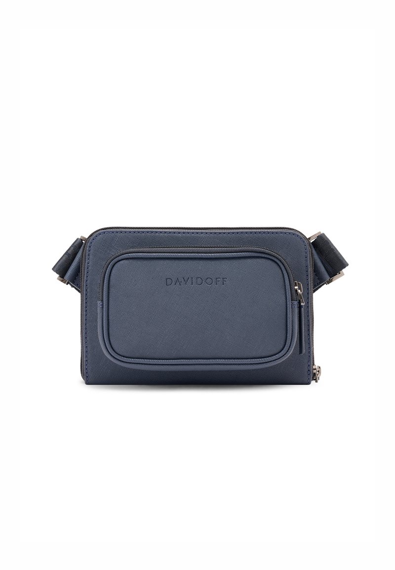 Navy leather crossbody bag with zippered main compartment, front pocket, and embossed logo. Features a textured finish and adjustable strap.