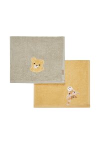 Two towels: one gray with a bear embroidery, one yellow with a giraffe embroidery. Soft texture; both feature stitched animal designs.