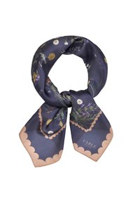 Écharpe en soie avec un fond bleu marine orné de motifs floraux colorés. Les bords présentent un design festonné en beige doux avec le logo "FABLE".