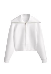 Giacca bianca con zip, colletto ampio, design corto, maniche lunghe, polsini a coste e dettagli di cucitura delicati. Texture morbida.