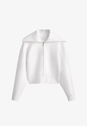 Weiße Zip-Jacke mit großem Kragen, croppter Passform, langen Ärmeln, gerippten Bündchen und dezenten Nähten. Weicher Stoff.