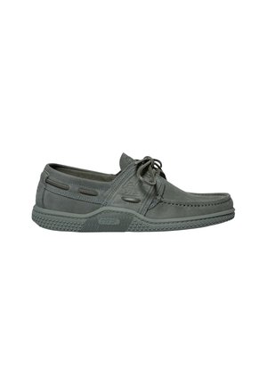 Mocassin décontracté en cuir gris avec laçage à l'avant, semelle en caoutchouc texturée et détails cousus le long des côtés et de la zone des orteils.