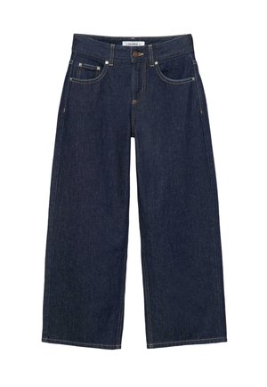 Tamnoplave široke traper hlače s prednjim džepovima, petljama za remen, zatvaranjem na dugme i kontrastnim šavovima.