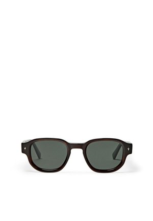 Lunettes de soleil rectangulaires en écaille foncée avec des verres teintés verts et de petits détails argentés en forme d'étoile aux coins avant.