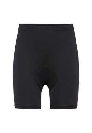 Schwarze, gepolsterte Radhose mit Nahtdetail im Schritt und einem kleinen grünen Etikett an der rechten Seite.