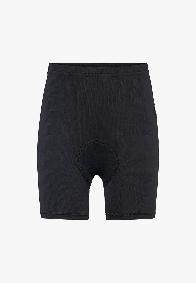 Zwarte gewatteerde fietsshorts met stiksel detail bij het kruis en een klein groen label aan de rechterkant.