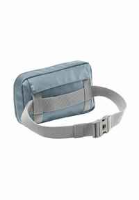 Sac à taille en tissu bleu avec un design plat, sangle ajustable grise et boucle en plastique. Comprend une fermeture à rabat sécurisée et une texture lisse.