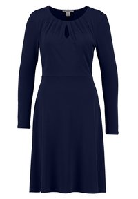 Mörkblå långärmad klänning med figursydd bodice, plisserade detaljer och en nyckelhålskärning. Faller ner i en A-linjeformad kjol. Slät textur.