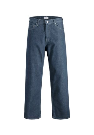 Dunkelblaue Jeans aus Denim mit geradem Schnitt, fünf Taschen, einem Knopfverschluss vorne und Kontrastnähten.
