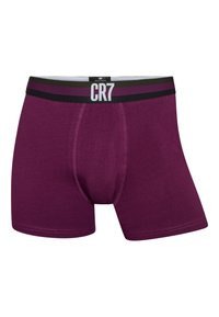 Boxer briefs da uomo in viola intenso, con una vita nera impreziosita da righe verdi e viola, e logo CR7. Tessuto morbido ed elastico con una finitura liscia.