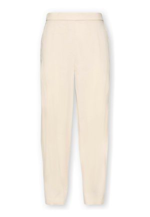 Beżowe spodnie z wysokim stanem, zwężane, z zamkiem błyskawicznym z przodu, kieszeniami po bokach i dopasowanym szwem przy kostce.