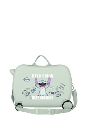 Maleta ligera verde claro para niños con ruedas, con el personaje Stitch y el texto "Sigue Adelante, Sigue Creciendo" en el frente, que incluye una correa para el hombro y un asa.