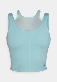 Light blue athletic crop top with a rounded neckline, wide straps, and a mesh panel at the back; features a small logo at the hem.