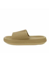 Sandalo slide color tan con cinturino testurizzato e suola ammortizzata. Il design è aperto sulla punta con una finitura liscia e suola piatta per il massimo comfort.