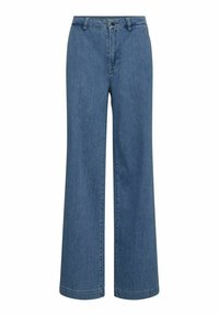 Bredbenta blå denimjeans med hög midja, knäppning och klassisk femfickdesign. Slät textur och ren finish.