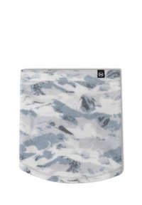 Cuello térmico de forro polar en gris claro con patrones abstractos en azul y negro. Presenta bordes redondeados y una pequeña etiqueta con el logo. Tejido suave y texturizado.