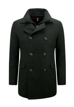 Zwarte double-breasted wollen jas met zes knopen, zijzakken met kleppen en een hoge kraag met een binnenritslaag.