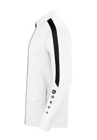 Weiße Jacke mit hohem Kragen, schwarzem Seitenstreifen, strukturierten schwarzen Akzenten und Knopfdetails an den Ärmeln. Glattes, leichtes Material.