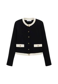 Giacca nera cropped con accenti crema, bottoni dorati, scollo rotondo e due tasche frontali con chiusura a bottone. Tessuto morbido, forma strutturata.
