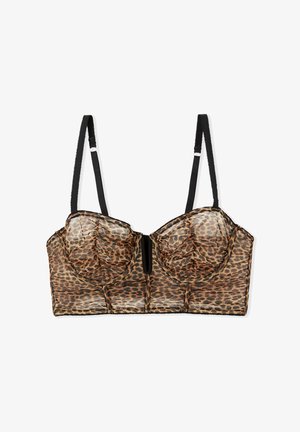 Soutien-gorge en imprimé léopard avec tissu transparent, bonnets structurés et bretelles noires réglables. Comprend une fermeture par crochets à l'avant et une bordure texturée.