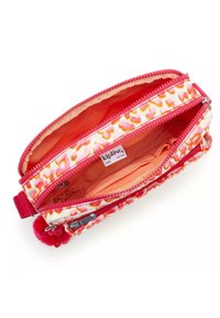 Pochette con motivo floreale rosa e arancione. Realizzata in tessuto con superficie testurizzata. Presenta due scomparti con zip e un accento in pompon.