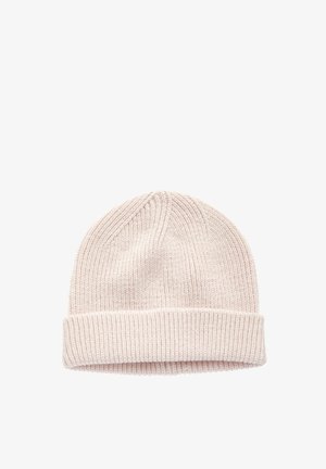 Knitted beanie in light pink, featuring a folded brim and ribbed texture. Soft material with a smooth, fine knit pattern.