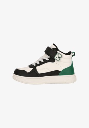 Hoge sneakers met een bovenwerk van wit en zwart leer en een groene accent. Voorzien van een gewatteerde kraag, verstelbare band en rubberen zool.