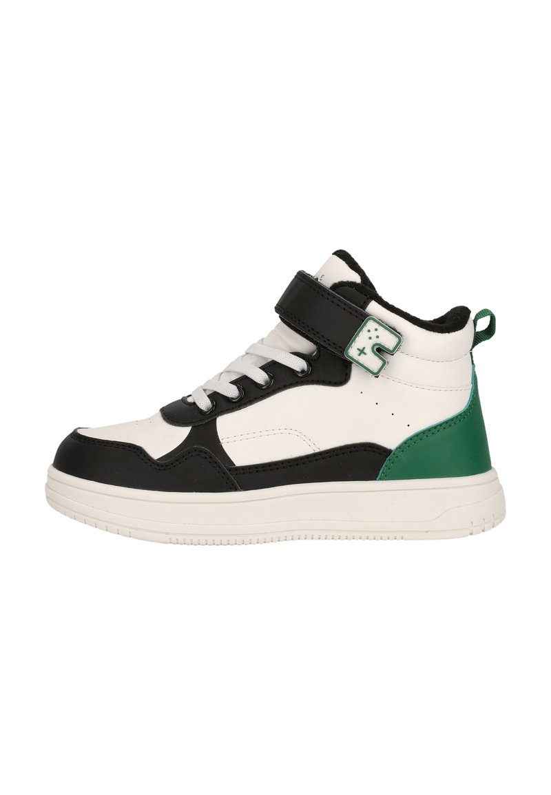 Høj-top sneakers med en hvid og sort læderoverdel samt grønne detaljer. Inkluderer en polstret krave, justerbar rem og gummisål.